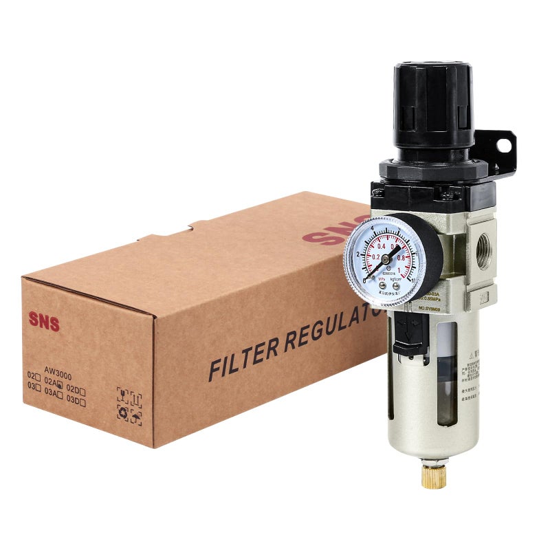 SNS Compressed Air Filter Regulator Piggyback Combo 3/8''NPT- Poly Bowl with Metal Guard, Semi-auto Drain, Bracket, Gauge AW3000-N03A - Image 5